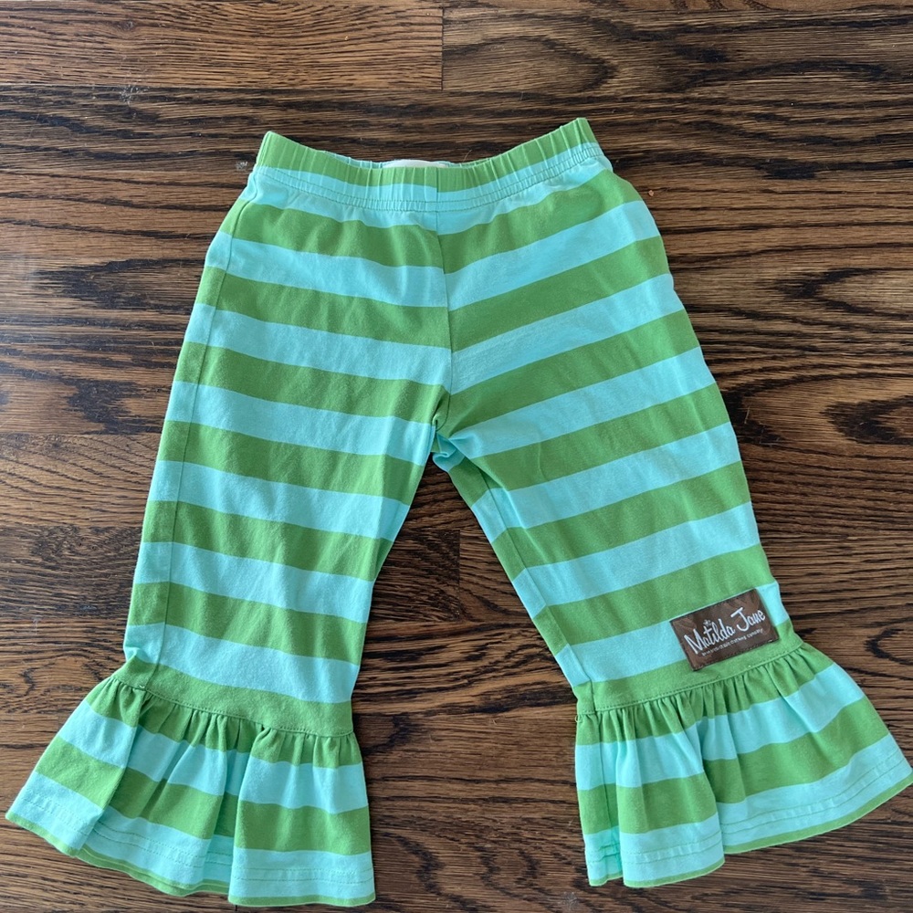 Matilda Jane Green and aqua striped ruffle pants. Size 2. Great used condition.